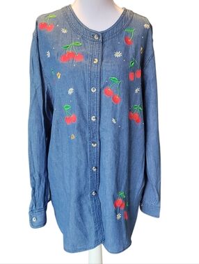 Vintage Quaker Factory Cherry Embroidery Denim Button Up Long Sleeve Top